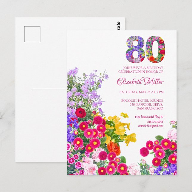 80-årsfest födelsedagsfirande modern blomsterinbju vykort (Fram/baksida)