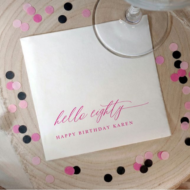 80-årsfest Födelsedagsfirande Rosa Hello 80 Modern Pappersservett (Pink hello 80 elegant script 80th birthday party napkins)