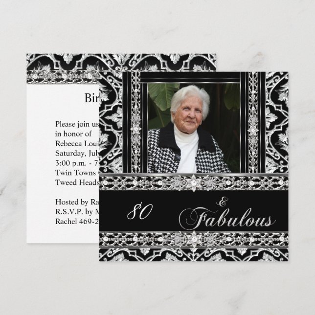 80-årsfest Svart Vit Damask Diamant Inbjudningar (Fram/baksida)