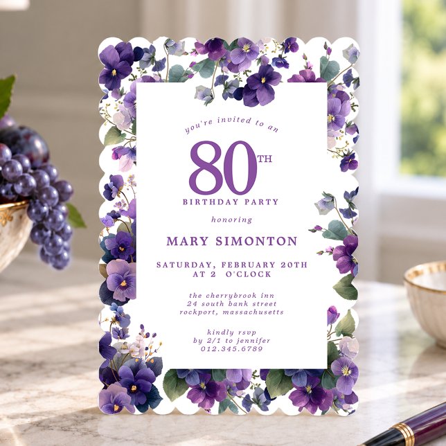 80-årsfest Violett Violett Blomma Inbjudningar (Skapare uppladdad)