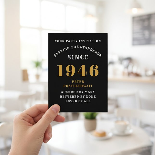 80-årsfirande 1946 Svart Guld Inbjudan (1946 birthday invitation postcard. Background out of focus.)