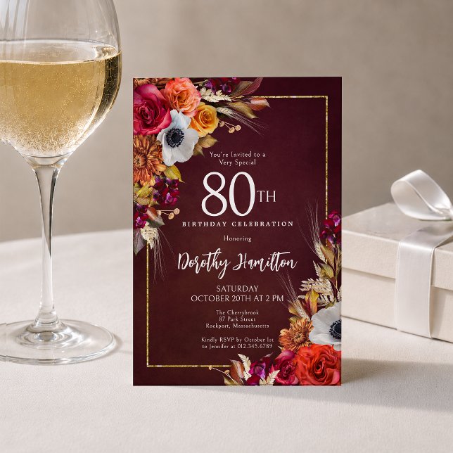 80-årsfirande Burgundy höstblommor Elegant script Inbjudningar (Skapare uppladdad)
