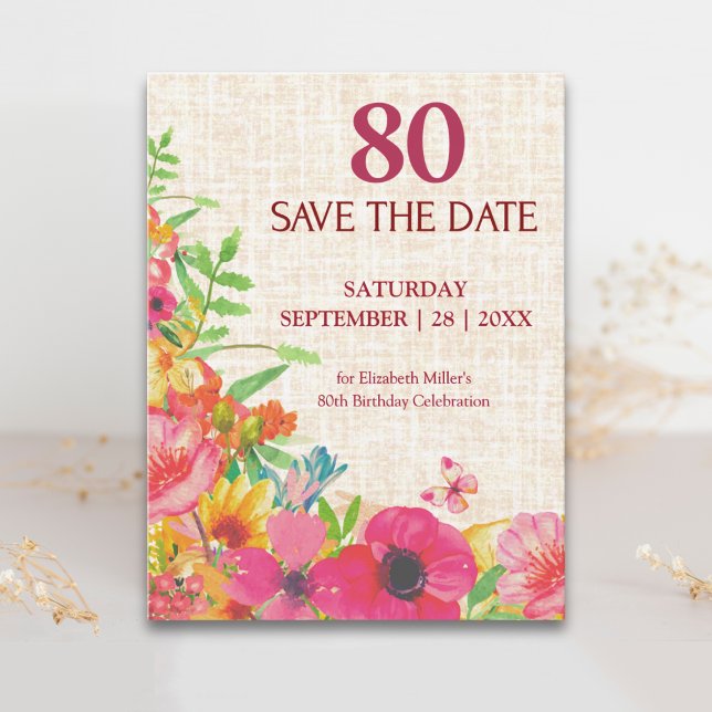 80-årsfirande Djärva Blommiga Lin Save The Date Meddelande Vykort (Skapare uppladdad)