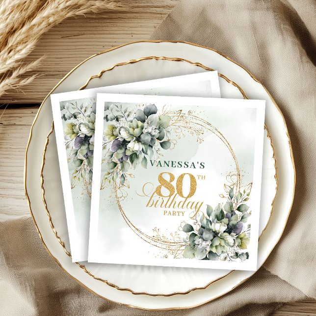 80-årsfirande Dusty Green Boho Eukalyptus Servette Pappersservett (Elegant Dusty Green Gold Eucalyptus 80th Birthday Napkins)