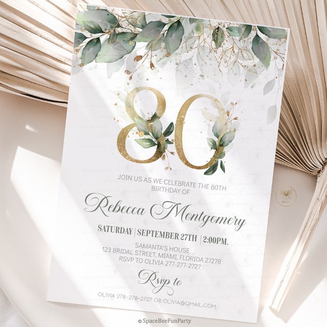 80-årsfirande Elegant milstolpe-inbjudan OSA Kort (80th birthday invitation, editable sage green invitation, elegant floral design,  year old brunch, 8)
