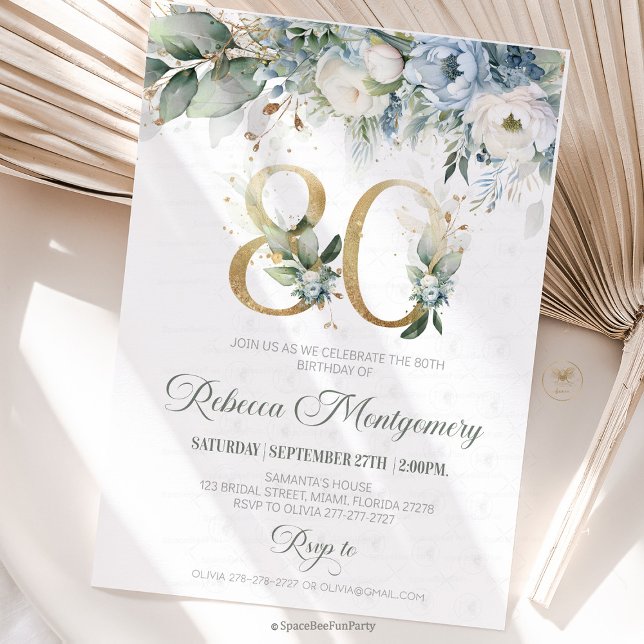 80-årsfirande Elegant milstolpsinbjudan OSA Kort (80th birthday invitation, editable sage green invitation, elegant floral design,  year old brunch, 8)