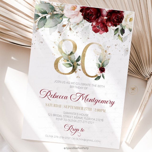80-årsfirande Elegant milstolpsinbjudan OSA Kort (80th birthday invitation, editable sage green invitation, elegant floral design,  year old brunch, 8)