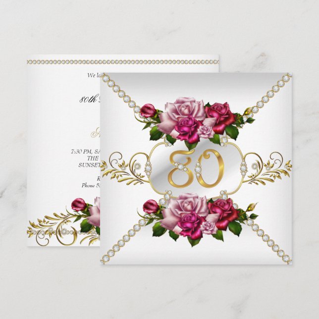 80-årsfirande för kvinnor Rosa rosor Vit Guld Inbjudningar (Fram/baksida)