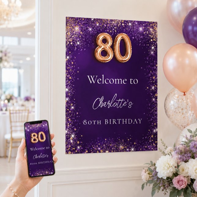 80-årsfirande lila gnistor välkommen poster (Skapare uppladdad)