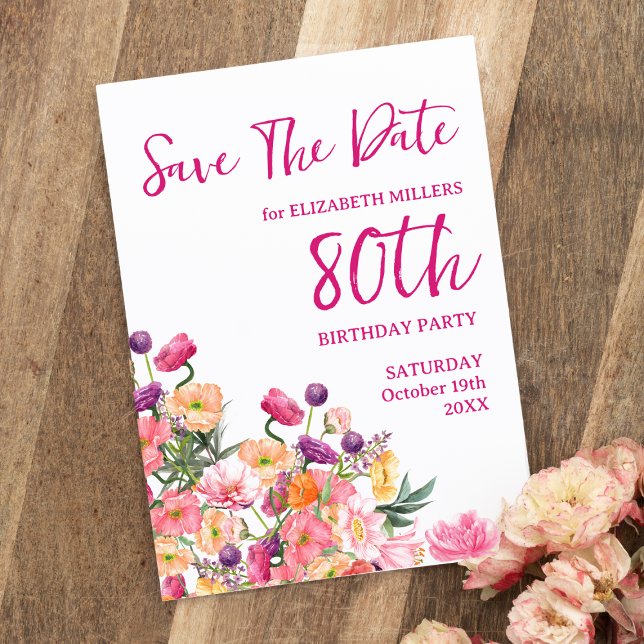 80-årsfirande modern blomsterlig Save The Date vyk Meddelande Vykort (Skapare uppladdad)
