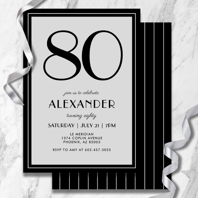 80-årsfirande Modern Minimalistisk Svart Grå Herr Inbjudningar (Refined black and gray stripes add modern flair to your 80th celebration.)