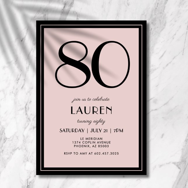 80-årsfirande Modern Minimalistisk Svart Rosa Inbjudningar (A chic black and pink invitation that blends modern minimal design with elegance.)