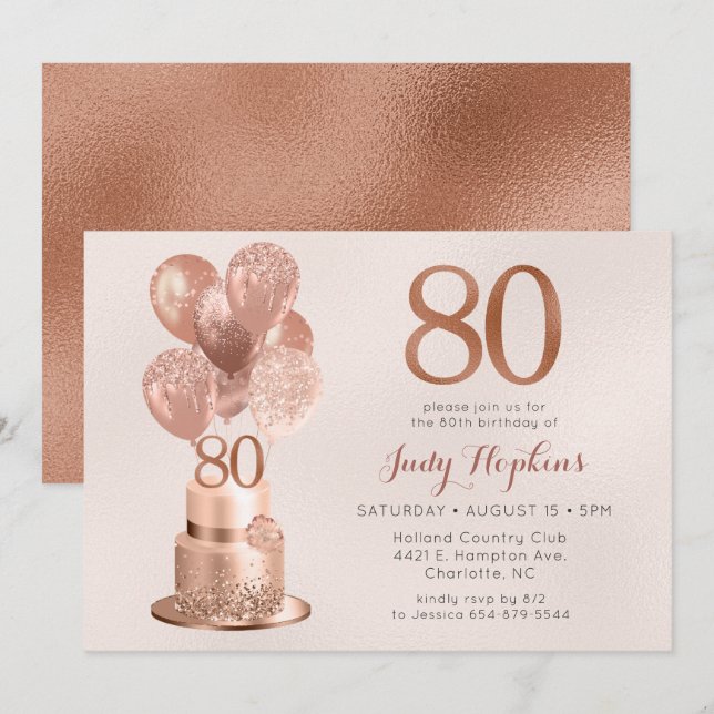 80-årsfirande Rosa Guld Tårta Inbjudningar (Fram/baksida)