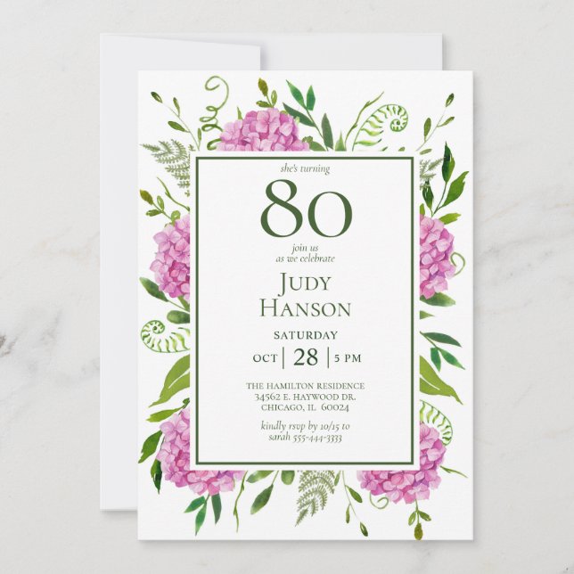 80-årsfirande Rosa Hydrangea Kort Förfrågan  (Framsida)
