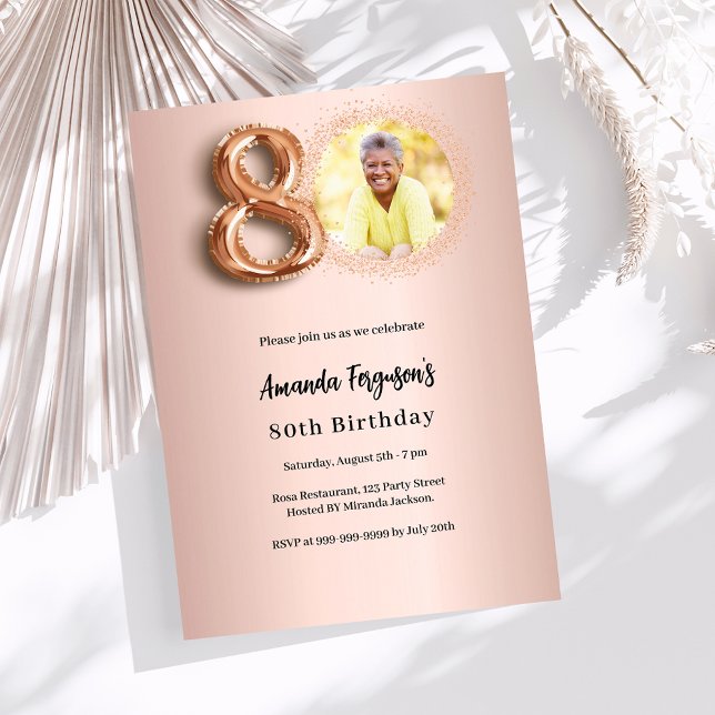 80-årsfirande rose gold fotofestkort inbjudningar (Skapare uppladdad)