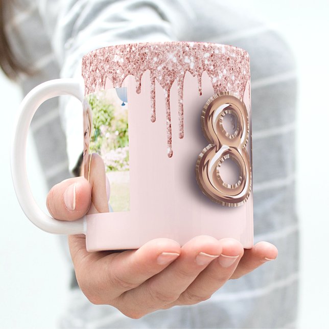 80-årsfoto ro guld glitter rosa ballong kaffemugg (Skapare uppladdad)