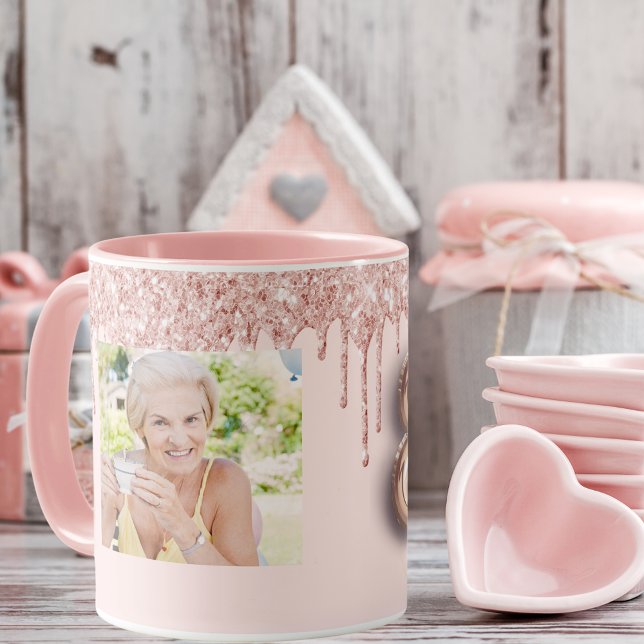 80-årsfoto rosa ros guld glitter mugg (Skapare uppladdad)