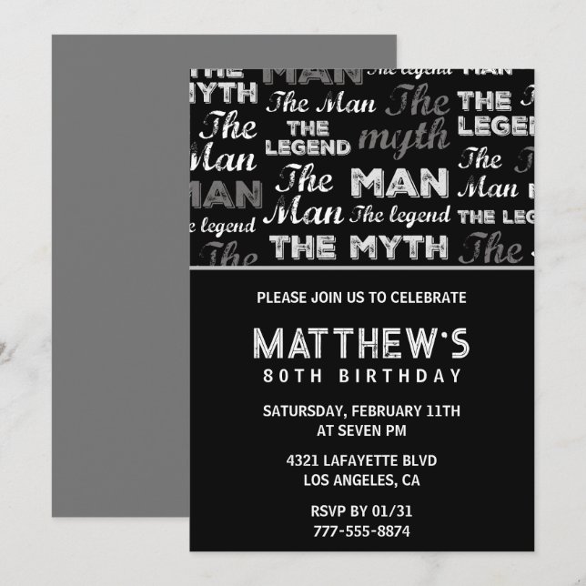 80-årsinbjudningar till honom Manar Myth Legend Inbjudningar (Fram/baksida)