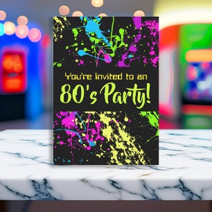 80-årsjubileum Party Retro Neon Paint Splatter Bir Inbjudningar