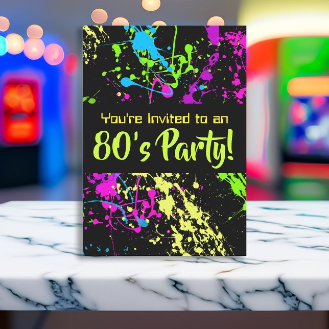 80-årsjubileum Party Retro Neon Paint Splatter Bir Inbjudningar (custom 80s birthday party invitation decorations)