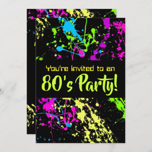 80-årsjubileum Party Retro Neon Paint Splatter Bir Inbjudningar