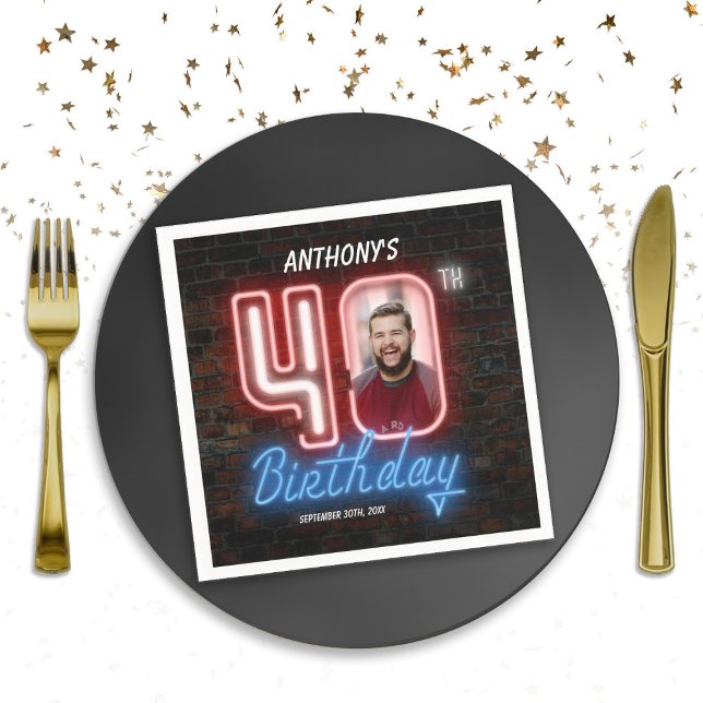 80-årsjubileum Retro 40:e födelsedag Anpassningsba Pappersservett (80s Retro 40th Birthday Neon Sign Custom Photo Napkins)