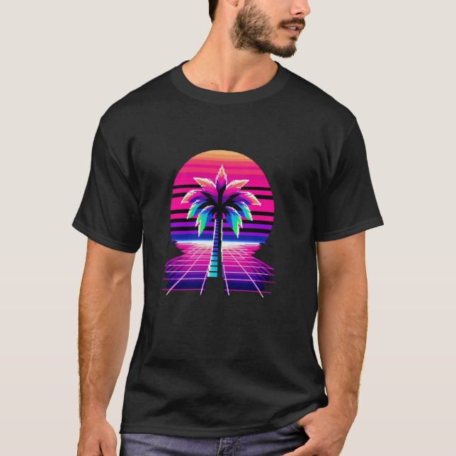 80-bitars Pixel Art Sunset & Handflatan Träd Retro T Shirt (Framsida)