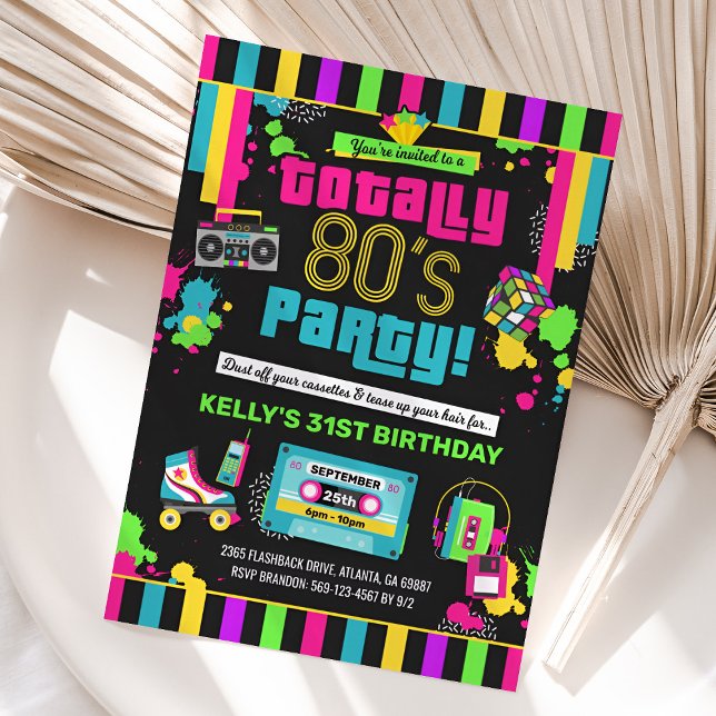 80-dagars födelsedagsinbjudan, 80-talet Party Inbj Inbjudningar (80s Birthday Invitation)