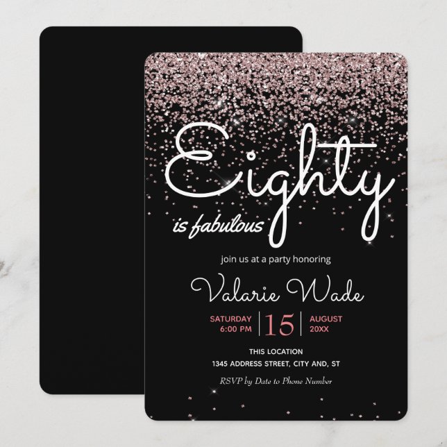 80:e är slumpartad Födelsedagsfest Rosa Glitter Inbjudningar (Fram/baksida)