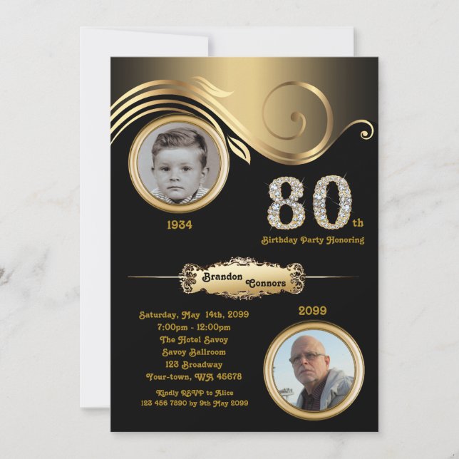 80:e,Birthday Man 80:e, art deco, svart guld Inbjudningar (Framsida)