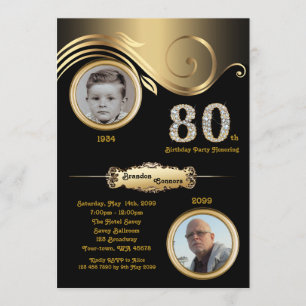 80:e,Birthday Man 80:e, art deco, svart guld Inbjudningar