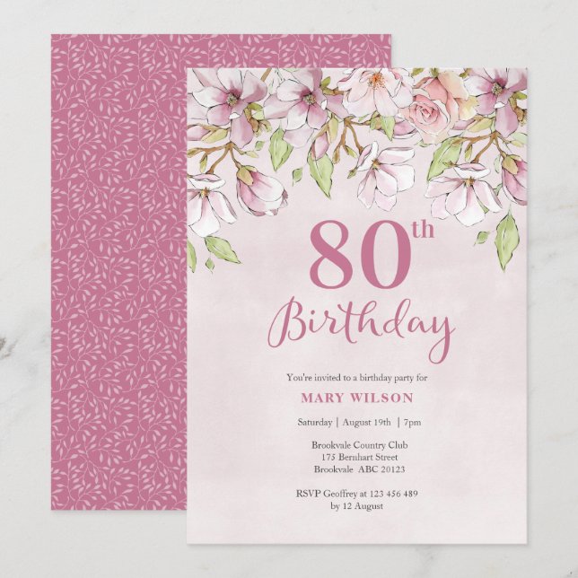 80:e Blommigten för inbjudan till Rosa (Fram/baksida)