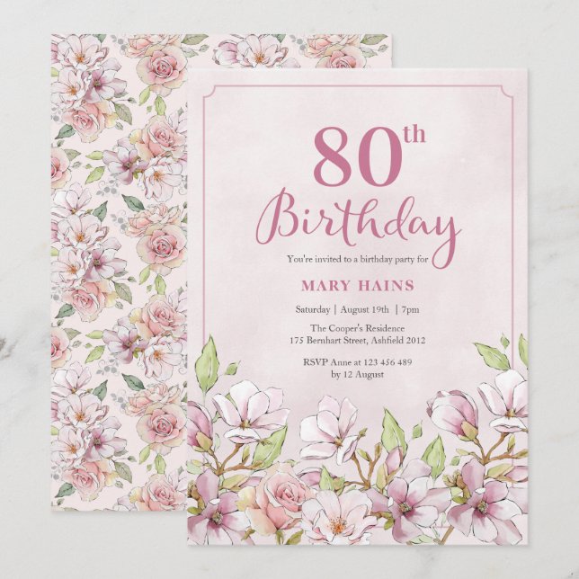 80:e Blommigten för inbjudan till Rosa (Fram/baksida)