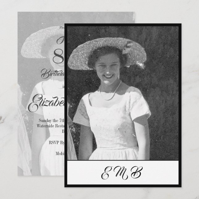 80:e Eleganten på födelsedagen: Photo Black White  Inbjudningar (Fram/baksida)