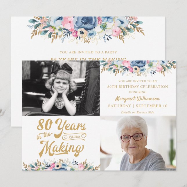 80:e eller Annat År YEARS IN THE MAKING Blommig Inbjudningar (Fram/baksida)