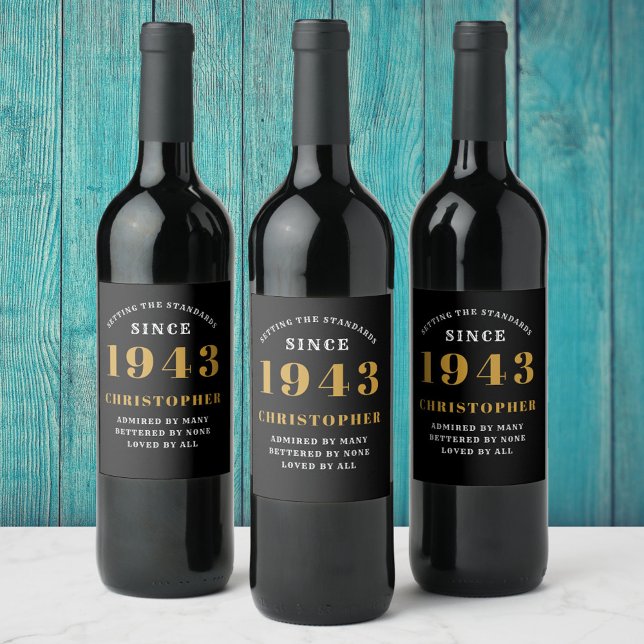 80:e födelsedag 1943 Svarta Guld Retro-Personligen Vinflaska Etikett (Skapare uppladdad)