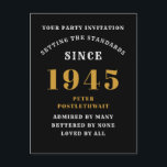 80:e födelsedag 1945 Svarta Guld Vykort<br><div class="desc">80-dagars inbjudan till elegant Black och Guld - Skapa din egen Personlig. När du ställer in ett steg för ett anmärkningsvärt firande börjar du med perfektens inbjudan. Vår 80-årsinbjudan till eleganten svart och guld är perfektens val för denna milstolpe-händelse. Den här inbjudan, som är full av sofistikering och som i...</div>