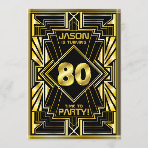 80:e födelsedag Art Deco Guld Black Underbar Gatsb Inbjudningar