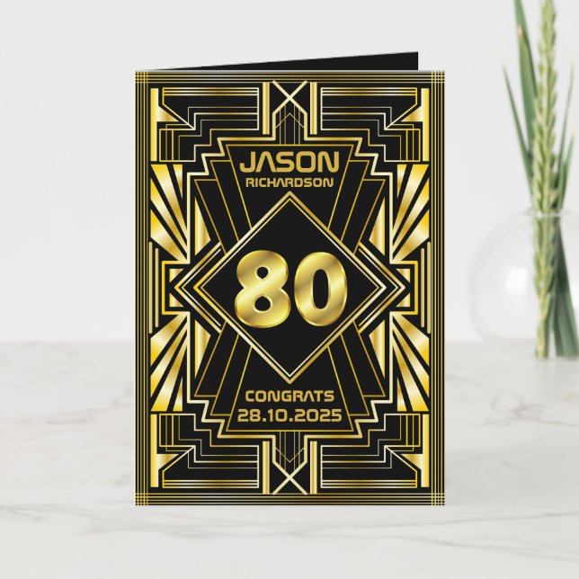 80:e födelsedag Art Deco Guld Black Underbar Gatsb Kort (Framsida)