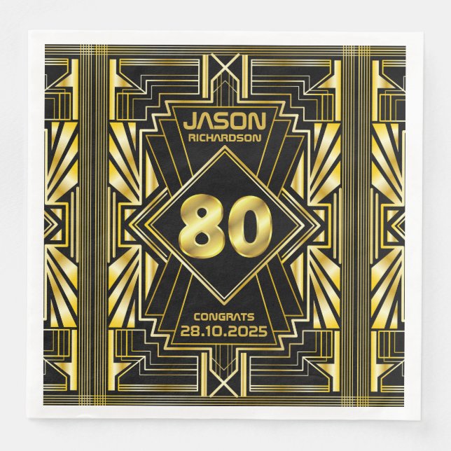 80:e födelsedag Art Deco Guld Black Underbar Gatsb Pappersservett (Framsida)