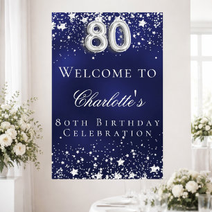 80:e födelsedag blå silver-stjärnor välkomna party poster
