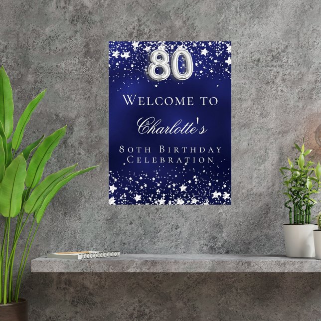 80:e födelsedag blå silver-stjärnor välkomna party poster (Skapare uppladdad)