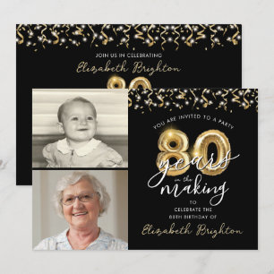 80:e födelsedag Black Guld Balloons 2 Foton Inbjudningar