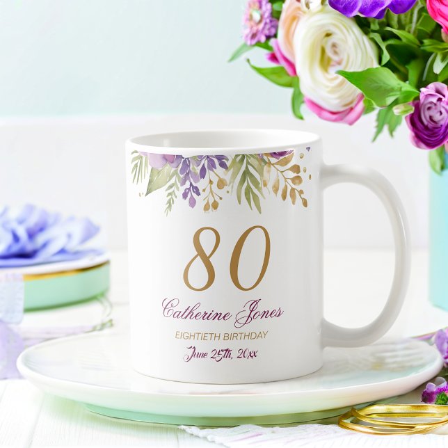 80:e födelsedag Blommigt Bouquet Guld-accenter Kaffemugg (Skapare uppladdad)