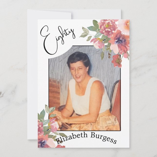 80:e födelsedag Blommigt Foto Elegant Birthday Inbjudningar (Baksida)