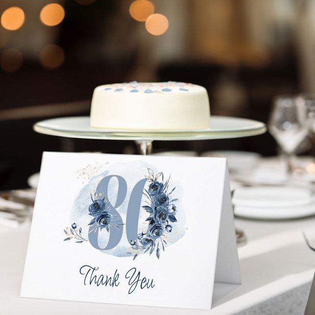 80:e födelsedag Blommigt Kustblått Tack Kort (80th Birthday thank you card from my Floral Number Milestone Birthday Collection)