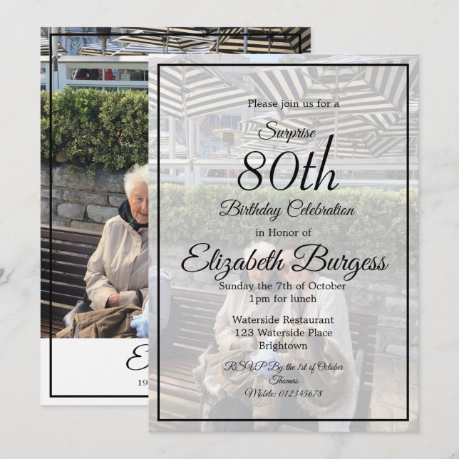 80:e födelsedag Chic för fotomonogram Elegant Inbjudningar (Fram/baksida)