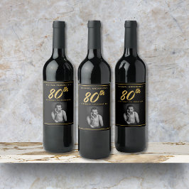 80:e födelsedag Elegant Foto Black Guld Vin etiket Vinflaska Etikett