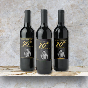 80:e födelsedag Elegant Foto Black Guld Vin etiket Vinflaska Etikett