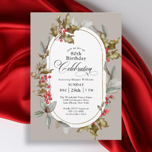 80:e födelsedag Elegant Holly och Berry Botanical Inbjudningar
